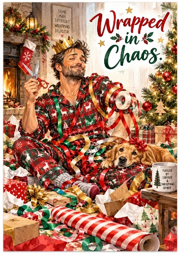 Watercolor Funny Christmas Card Design Wrapped in Chaos for Him Illustration
