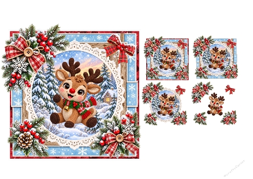 3D Decoupage Christmas Reindeer Card Kit 2 Pages JPEG