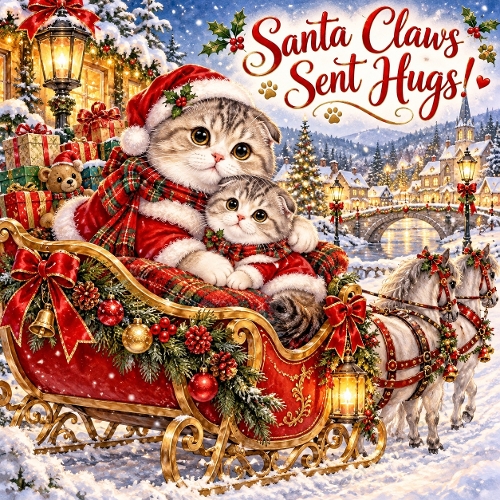 Watercolor Christmas Cat Kitten Sleigh Santa Claws Sent Hugs Illustration