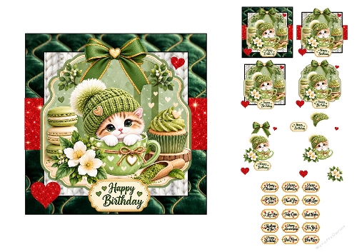 3D Decoupage Matcha Kitten Card Kit 4 Pages JPEG