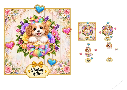 3D Decoupage Puppy Teacup Card Kit 2 Pages JPEG