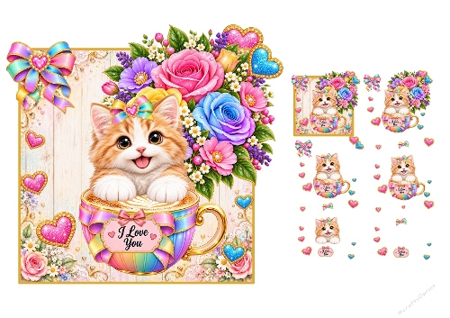 3D Decoupage Kitten Teacup Card Kit 2 Pages JPEG