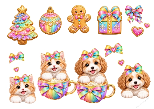 Cute Christmas Kitten Puppy Teacup Clipart Kit A4 Sheet JPEG