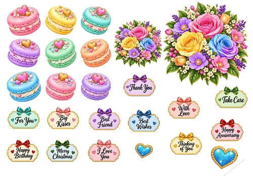 Floral Macaron Sentiment Elements Clipart Kit A4 Sheet JPEG