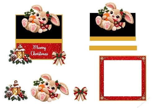 3D Decoupage Christmas Rabbit Card Kit 2 Pages JPEG