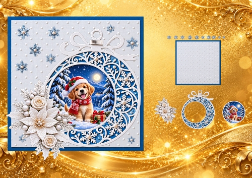 3D Decoupage Christmas Puppy Bauble Card Kit 2 Pages JPEG