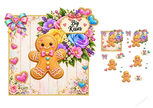 3D Decoupage Christmas Gingerbread Man Card Kit 2 Pages JPEG