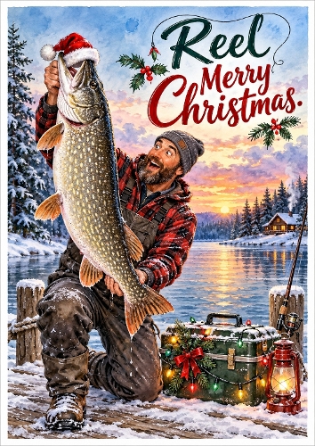 Watercolor Christmas Fisherman Reel Merry Christmas Illustration
