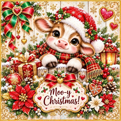 Watercolor Christmas Calf Moo-y Christmas Illustration