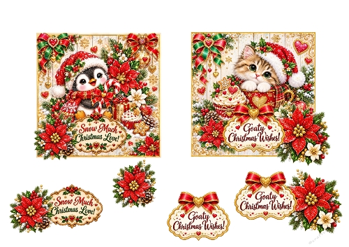 3D Decoupage Christmas Penguin and Kitten Duo Card Kit 2 Pages JPEG