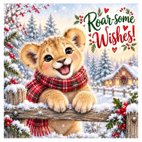 Watercolor Christmas Lion Cub Roar-some Wishes Illustration