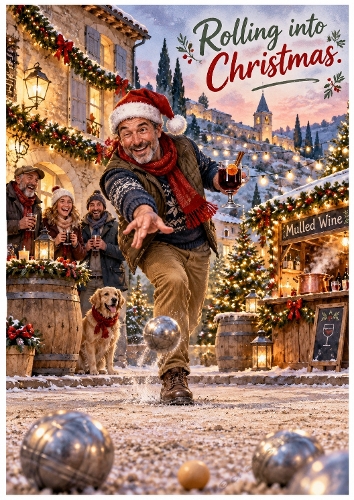 Watercolor Festive Man Playing Pétanque Rolling into Christmas Illustration