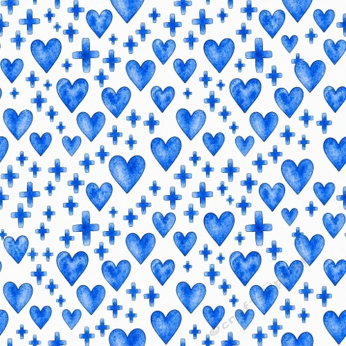 Seamless Watercolor Blue Hearts and Crosses Pattern Background Paper 1024x1024 JPEG