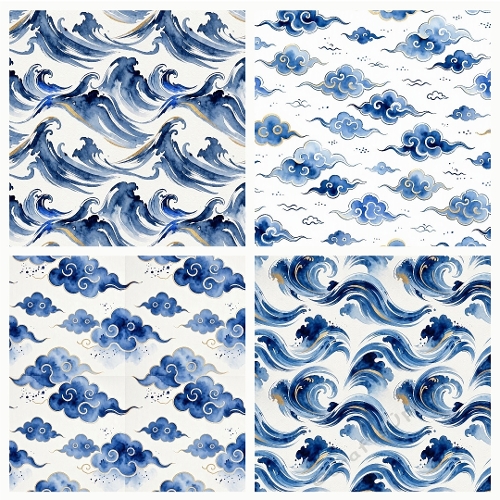 Seamless Asian Blue Ink Background Digital Paper Pack Set of 4 1024x1024 JPEG