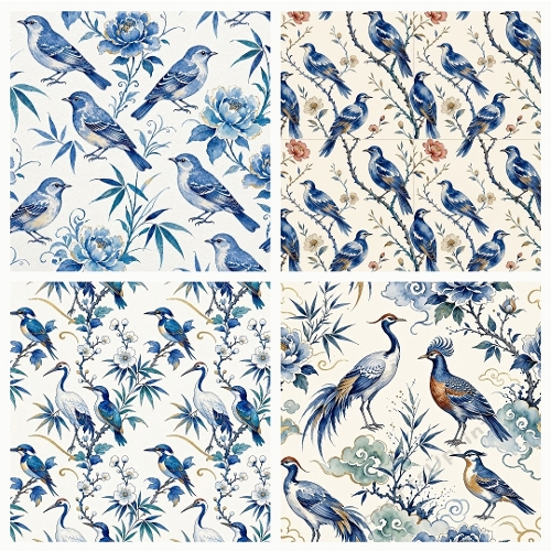 Seamless Asian Blue Birds and Floral Chinoiserie Digital Paper Pack Set of 4 1024x1024 JPEG