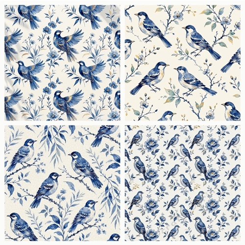 Seamless Blue Willow Chinoiserie Songbirds Digital Paper Pack Set of 4 1024x1024 JPEG