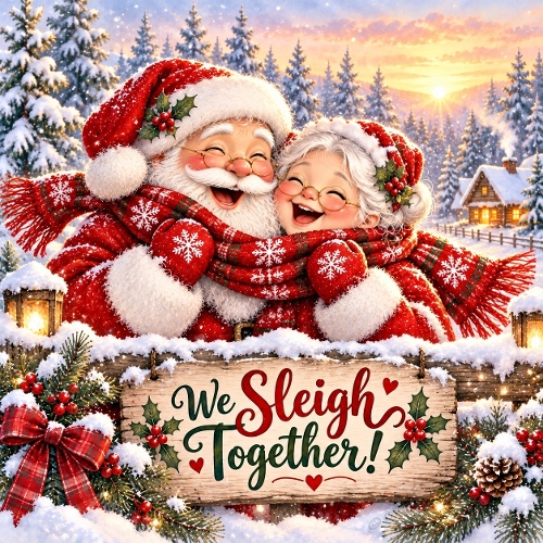 Watercolor Christmas Santa and Mrs Claus We Sleigh Together Illustration