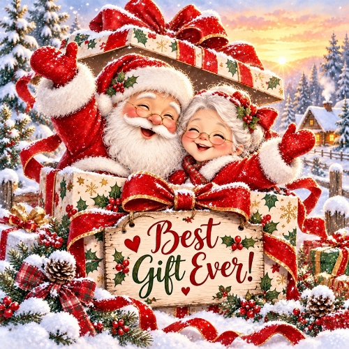 Watercolor Christmas Santa and Mrs Claus Best Gift Ever Illustration