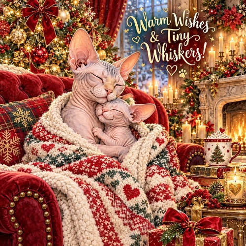 Watercolor Christmas Sphynx Cat Kitten Warm Wishes & Tiny Whiskers Illustration