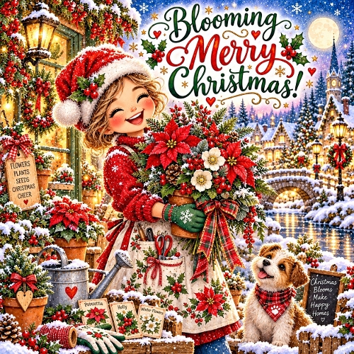 Watercolor Christmas Florist Girl Blooming Merry Christmas Illustration