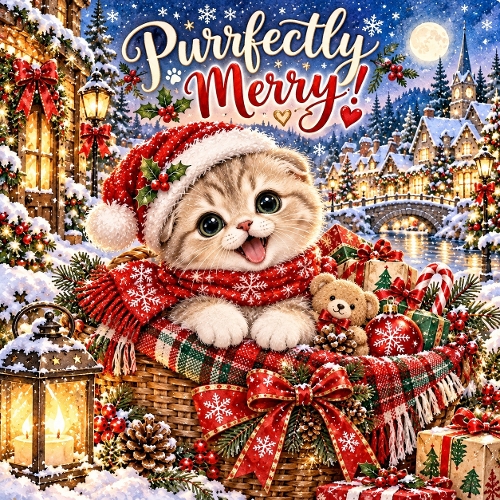 Watercolor Christmas Scottish Fold Kitten Purrfectly Merry Illustration