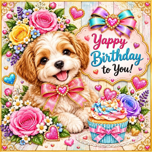 Watercolor Puppy Yappy Birthday to You Illustration