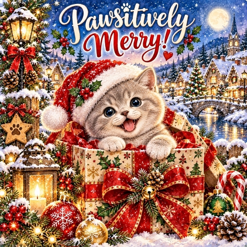 Watercolor Christmas Kitten Pawsitively Merry Illustration