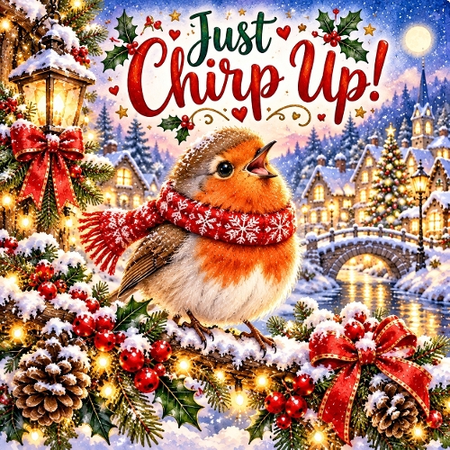 Watercolor Christmas Robin Just Chirp Up Illustration