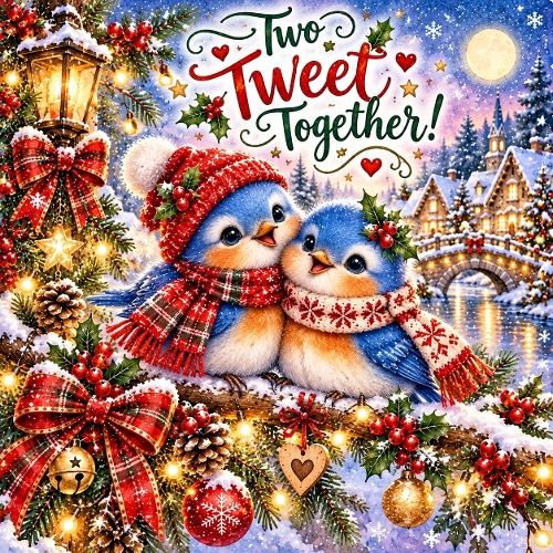 Watercolor Christmas Bluebirds Two Tweet Together Illustration