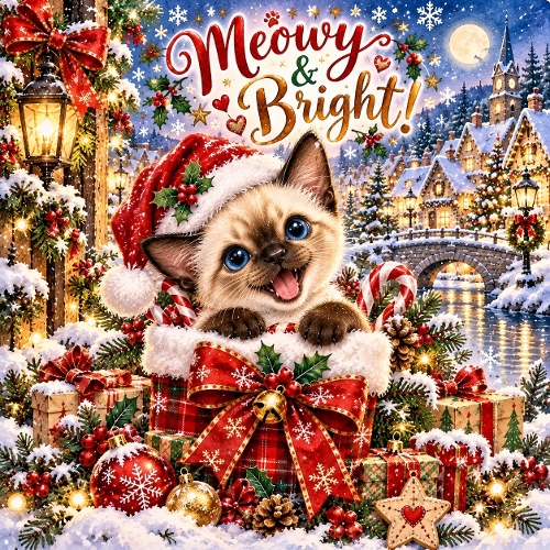 Watercolor Christmas Siamese Kitten Meowy & Bright Illustration