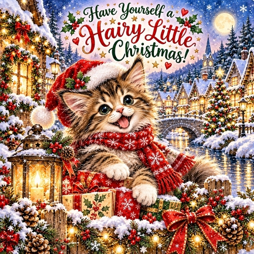 Watercolor Christmas Kitten Hairy Little Christmas Illustration