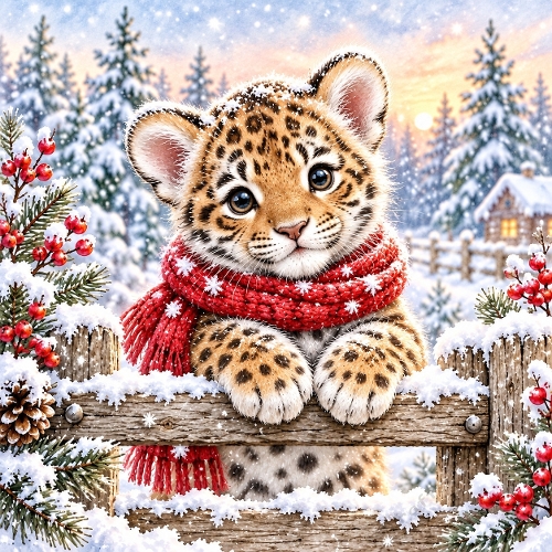 Watercolor Christmas Leopard Cub Winter Wishes Illustration