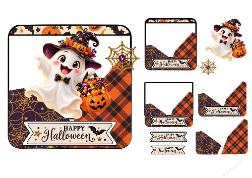 3D Decoupage Card Kit Happy Halloween Cute Ghost & Candy Bucket 2-Page Digital Asset