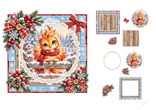 3D Decoupage Card Kit Winter Phoenix Baby Bird 2-Page Digital Asset