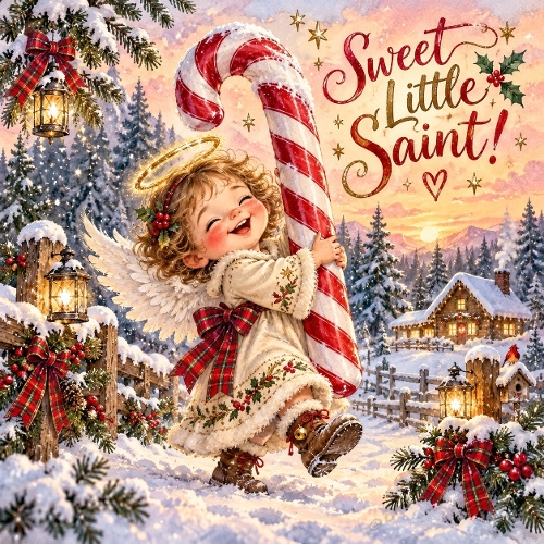 Watercolor Christmas Cute Angel Candy Cane Sweet Little Saint Illustration
