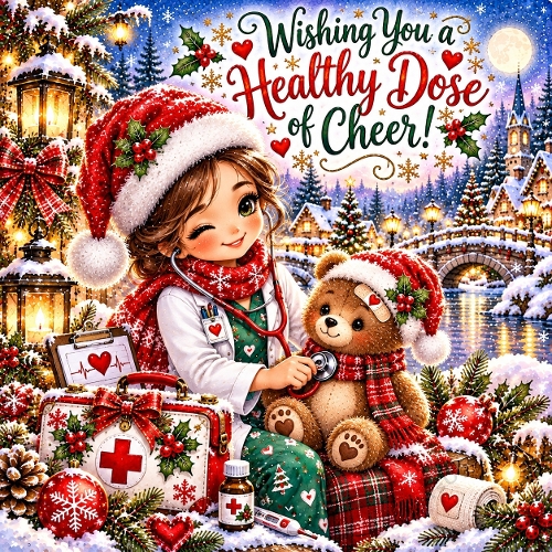 Watercolor Christmas Doctor Nurse Girl & Teddy Bear Healthy Dose of Cheer Illustration