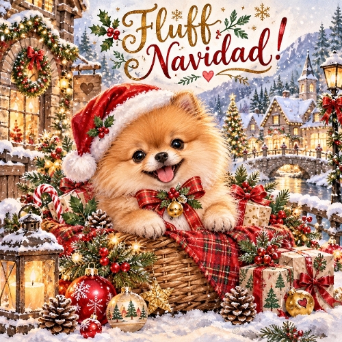 Watercolor Christmas Pomeranian Dog Fluff Navidad Illustration