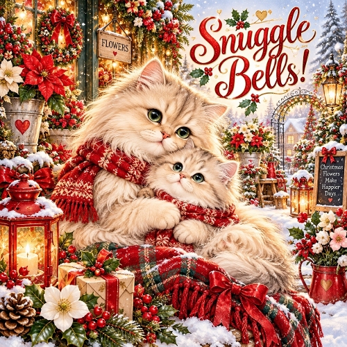 Watercolor Christmas Persian Cat & Kitten Snuggle Bells Illustration