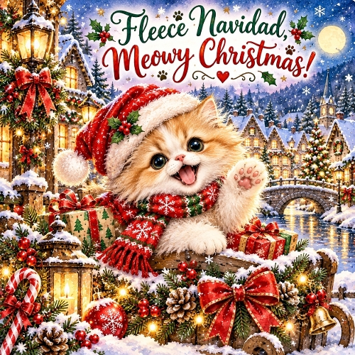 Watercolor Christmas Kitten Sleigh Fleece Navidad Meowy Christmas Illustration