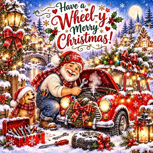 Watercolor Christmas Santa Mechanic & Golden Retriever Have a Wheel-y Merry Christmas Illustration
