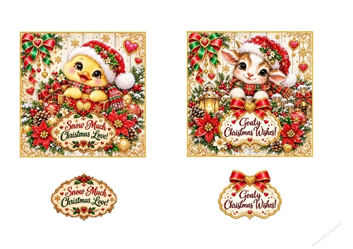 Watercolor Christmas Duckling & Goat A4 Card Making Toppers Sheet