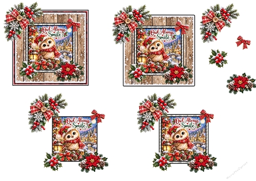 Watercolor Christmas Owl Always Smile 3D Decoupage Card Kit A4 Sheet