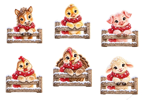 Watercolor Winter Farm Animals On Wooden Fence A4 Printable Clipart Sheet