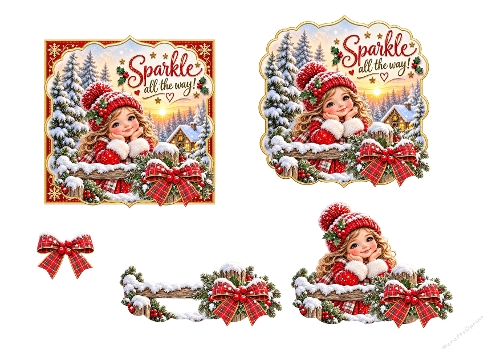 Watercolor Christmas Girl Sparkle All the Way 3D Decoupage Card Kit A4 Sheet