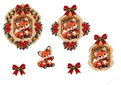 Crochet Fox Christmas Wreath Window 3D Decoupage Card Kit A4 Sheet