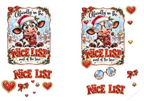 Watercolor Christmas Funny Cow Officially On The Nice List 3D Decoupage Card Kit A4 Sheet