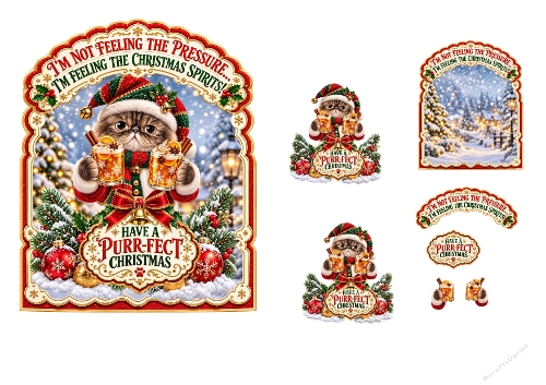 Watercolor Christmas Cat Spirits 2-Page 3D Decoupage Card Kit A4 Printable Sheet
