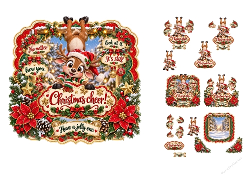 Watercolor Christmas Reindeer Upside Down 3-Page 3D Decoupage Card Kit A4 Printable Sheet