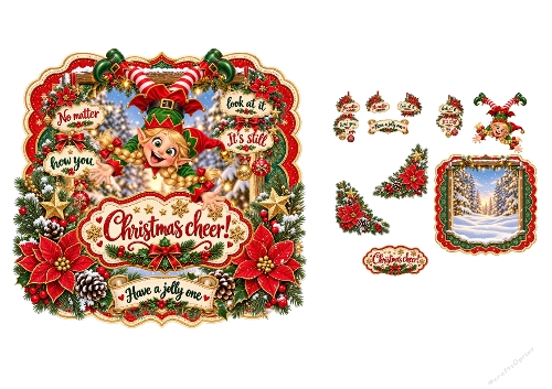 Watercolor Christmas Upside Down Girl Elf 2-Page 3D Decoupage Card Kit A4 Sheet
