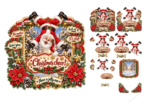Watercolor Christmas Upside Down Santa Claus 3D Decoupage Card Kit A4 Sheet